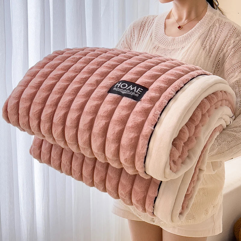 Luxury Faux Rabbit Fur Throw Blanket – Double Layer Ultra Soft & Fluffy Bed Blanket