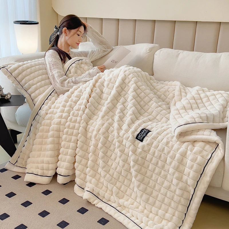 Luxury Faux Rabbit Fur Throw Blanket – Double Layer Ultra Soft & Fluffy Bed Blanket